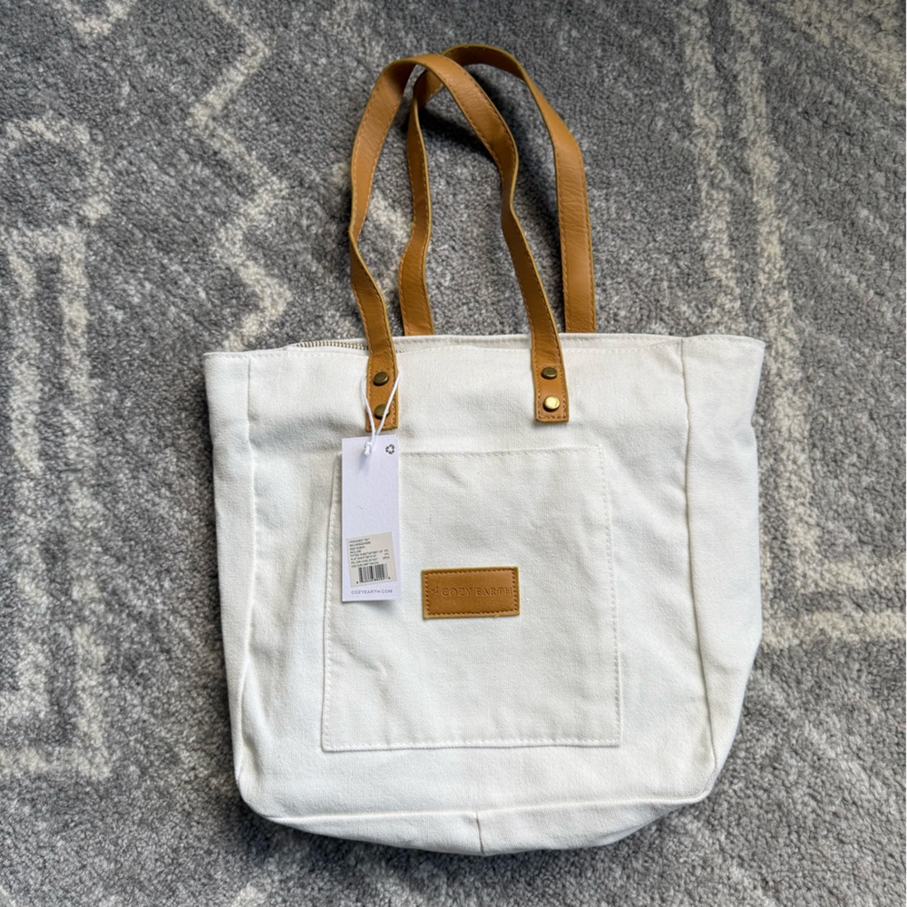 Chic White Canvas Tote with Tan Leather Straps